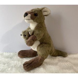 K&M Australian Kangaroo With Baby Dark Brown White Tall Soft Stuffed 15" Plush